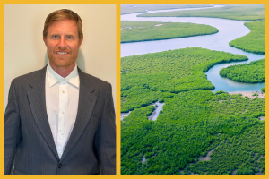 University of Missouri anthropologist Rob Walker's research uses remote sensing to analyze isolated indigenous societies in the Amazonian rainforests of Brazil. Photo of Walker along with aerial photo of rainforests of Brazil with river and dense trees.